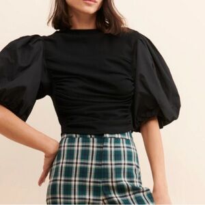 English Factory black exaggerated puff sleeve top blouse with ruching, cotton M